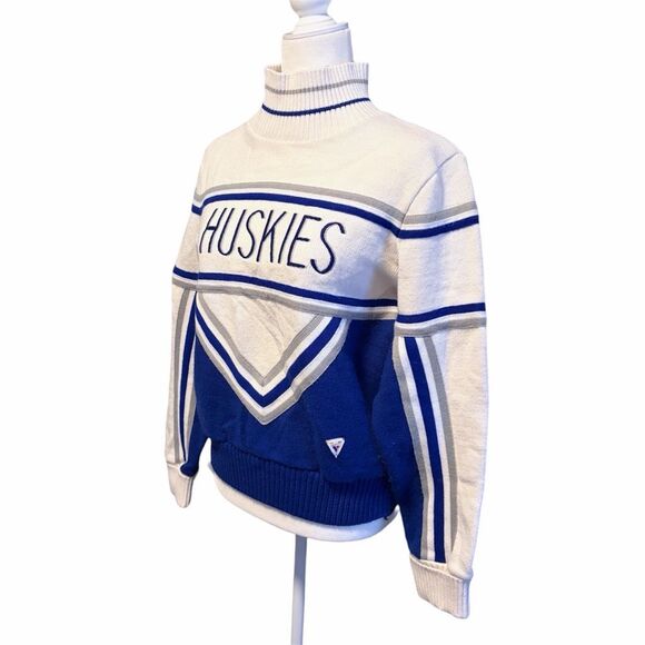 Vintage Varsity Cheerleading Sweater Collegiate Coed HUSKIES Blue White - Picture 1 of 6